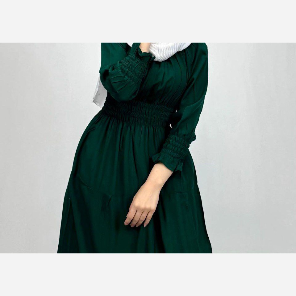 پیراهن ساحلی نخی زنانه کمر و آستین کش و یقه کشی